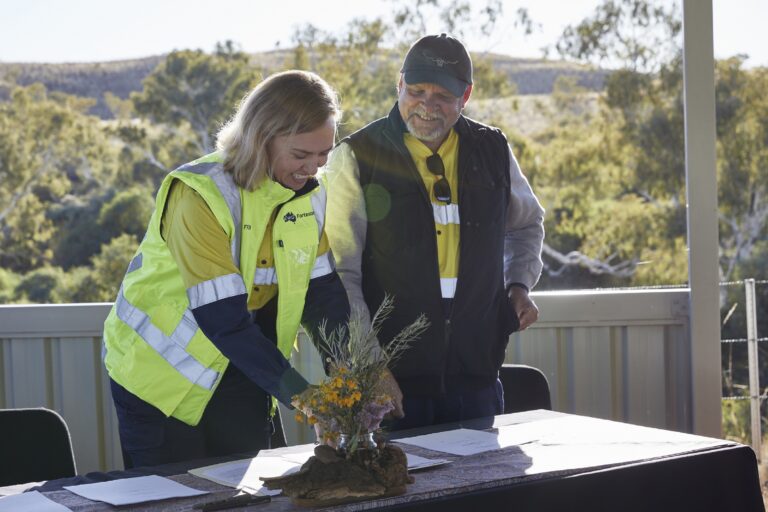 Fortescue Metals chief executive Fiona Hick with PKKP chairperson Terry Drage.