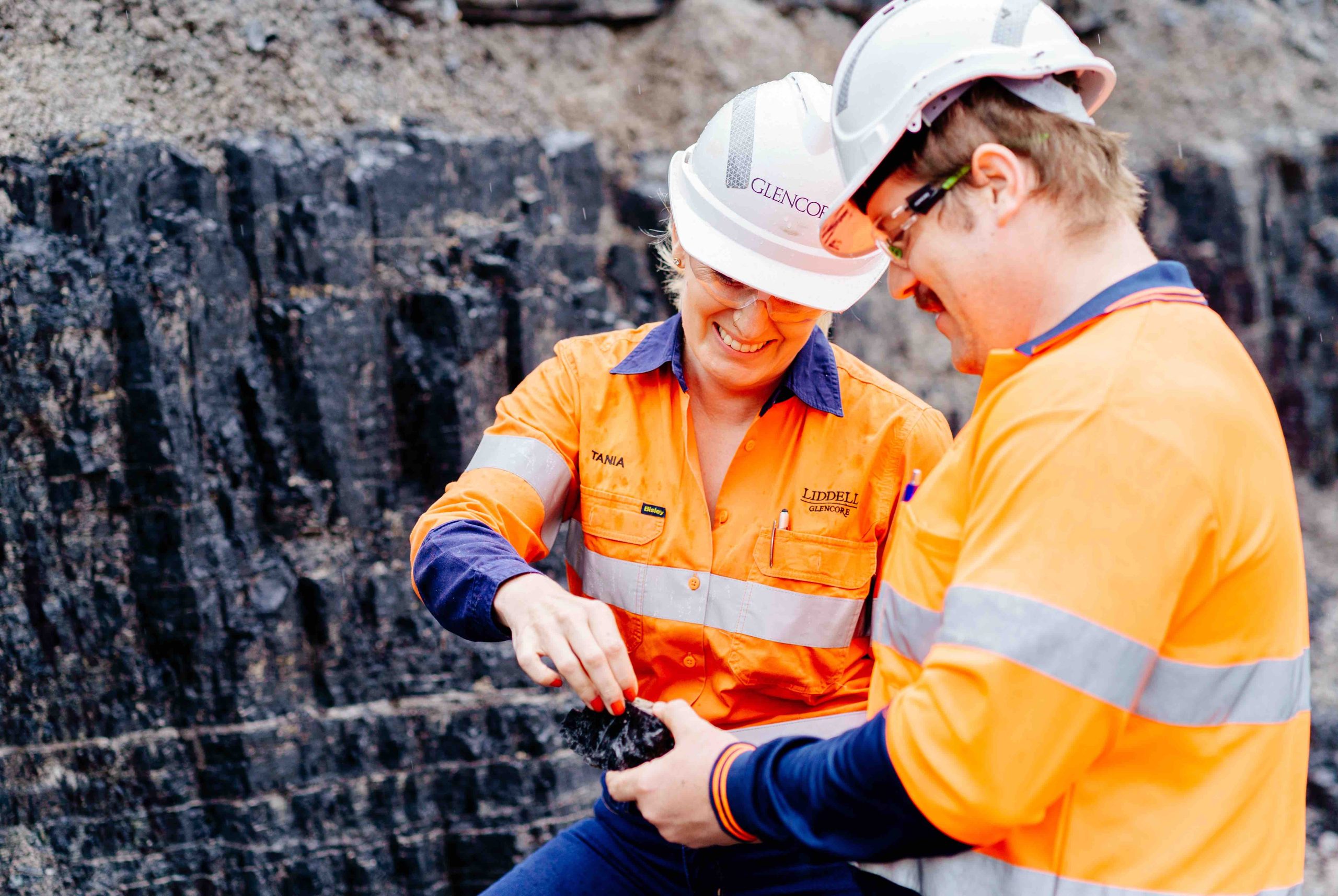 Tanya inspects coal at Glencore's Liddell open cut mine in NSW.