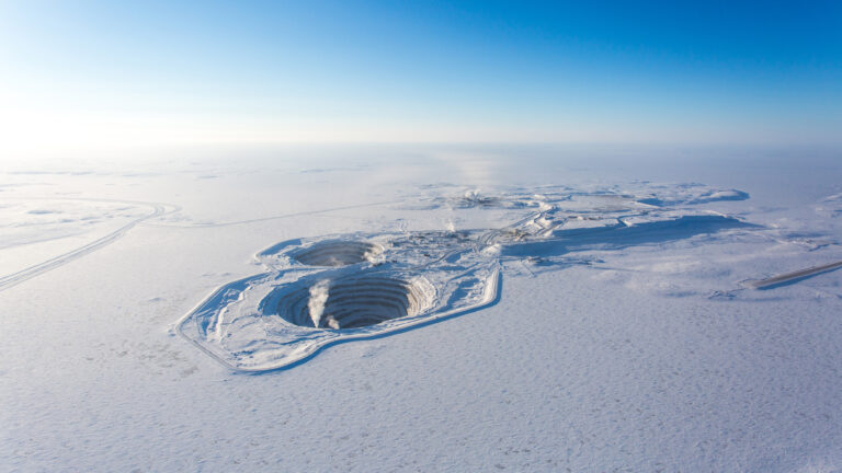 Aerial view of Rio Tinto's Diavik diamond mine, Canada. The solar power plant will be equipped with bi-facial panels which generate energy from direct sunlight and light that reflects off the snow that covers Diavik for most of the year.