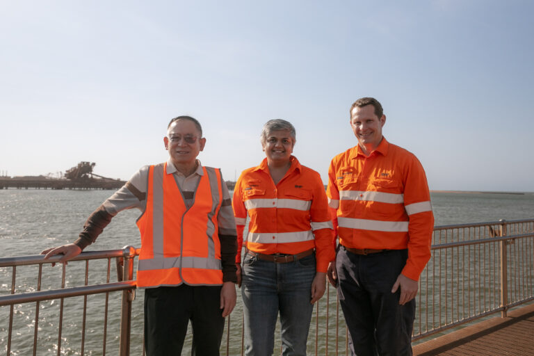 CISA vice chairman Luo Tiejun, BHP Chief Commercial Officer Vandita Pant and WAIO asset president Brandon Craig in Port Hedland