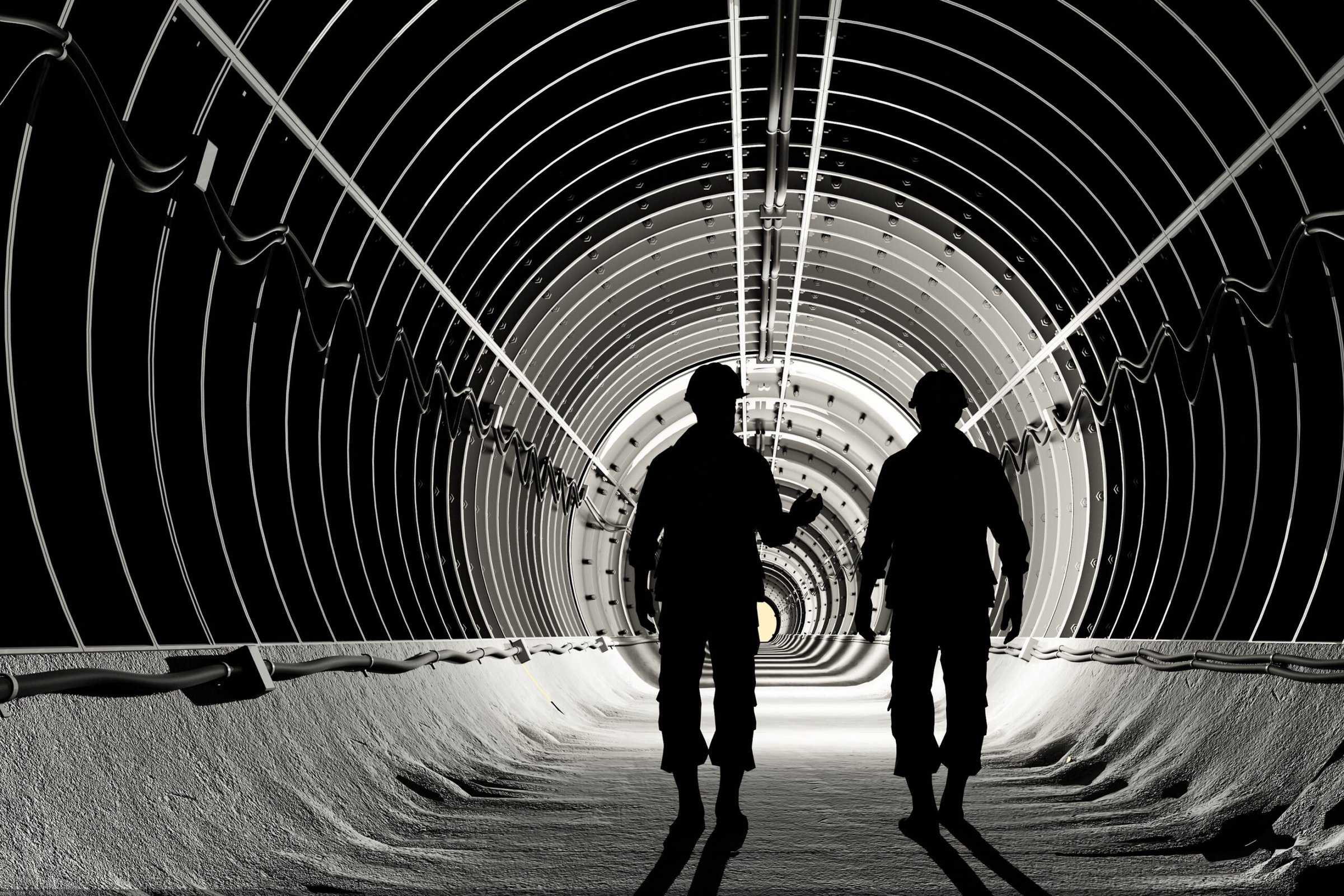 Silhouette of workers in mine.