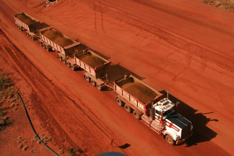 Road ore trains in the Pilbara carrying ore to port.