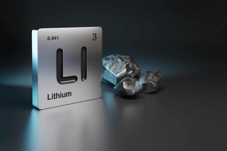 Lithium element symbol next to metallic lithium.