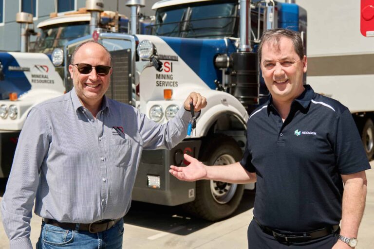 Mineral Resources director of technology and innovation David Geraghty (left) with Hexagon chief synergy officer autonomous solutions Gordan Dale (right).
