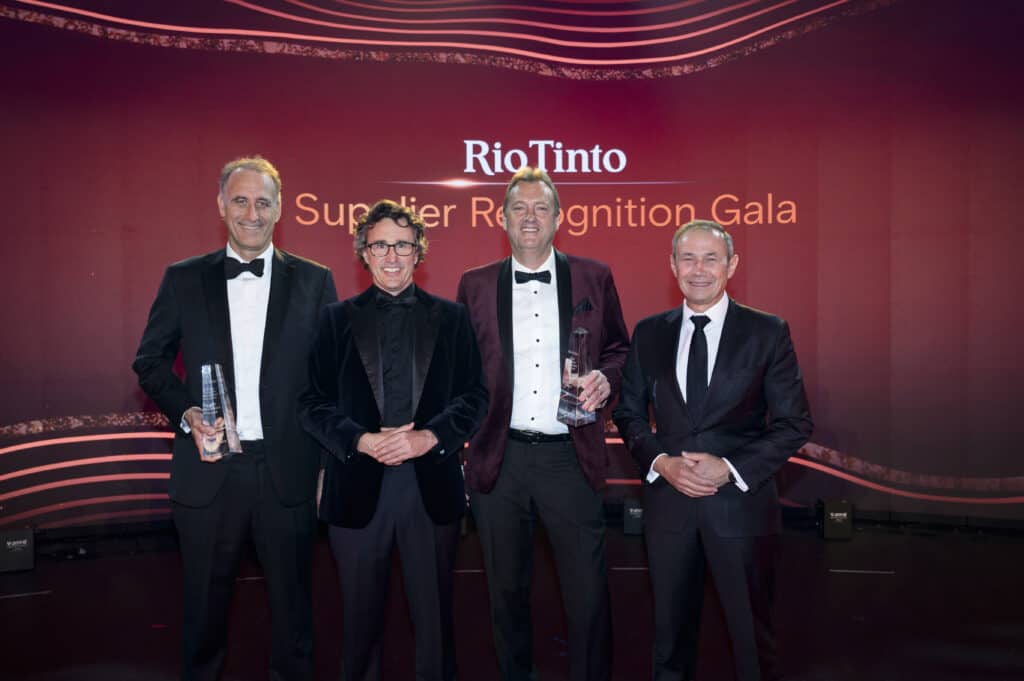 (Image source: Business Wire) (L-R) Wesfarmers managing director and chief executive Rob Scott (CEO Award winner), Rio Tinto Iron Ore chief executive Simon Trott, Monadelphous managing director Zoran Bebic (Supplier of the Year Award winner) and WA Premier Roger Cook. 