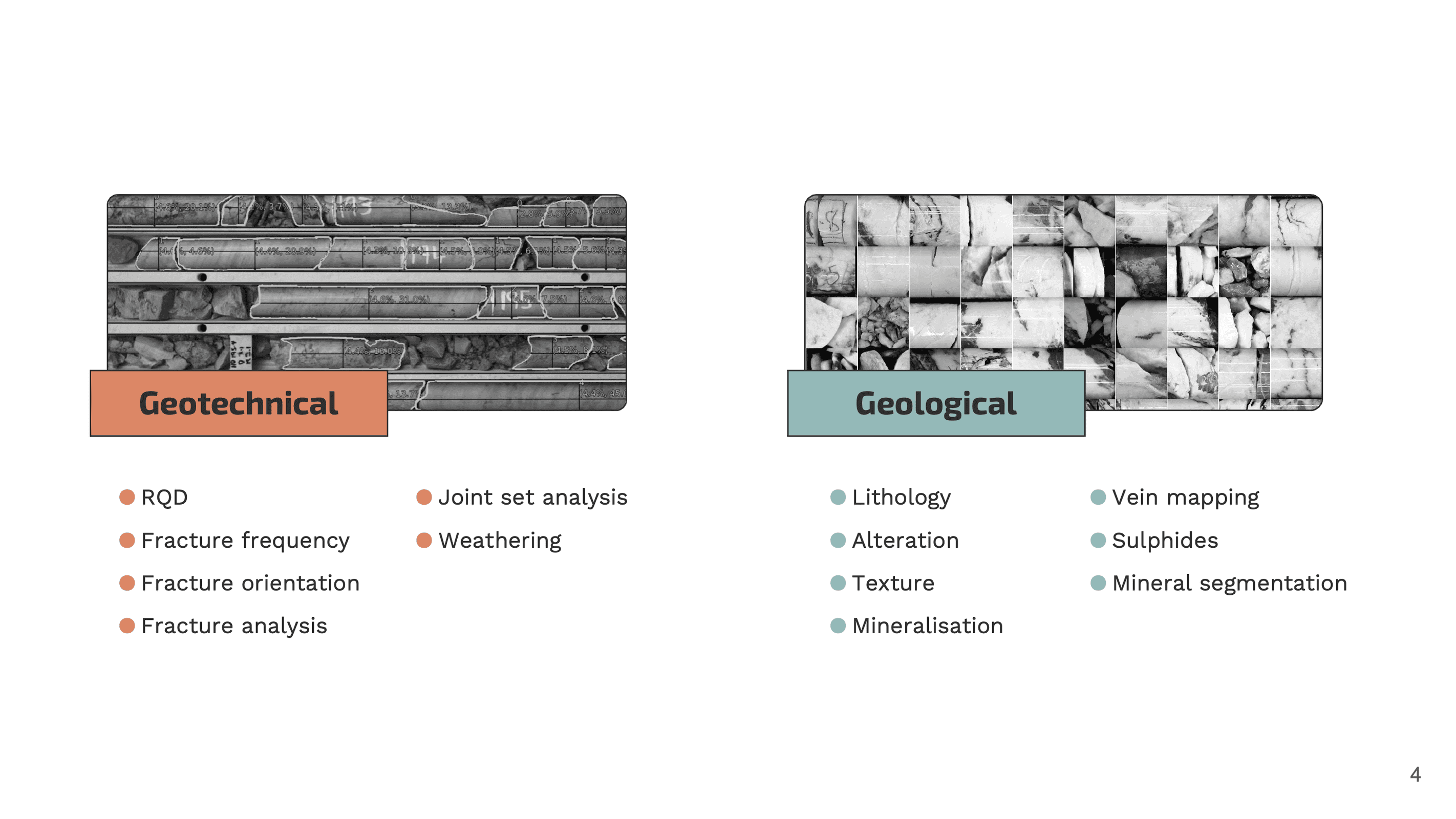 The key types of geological and geotechnical data that can be generated from core imagery as part of the Datarock platform