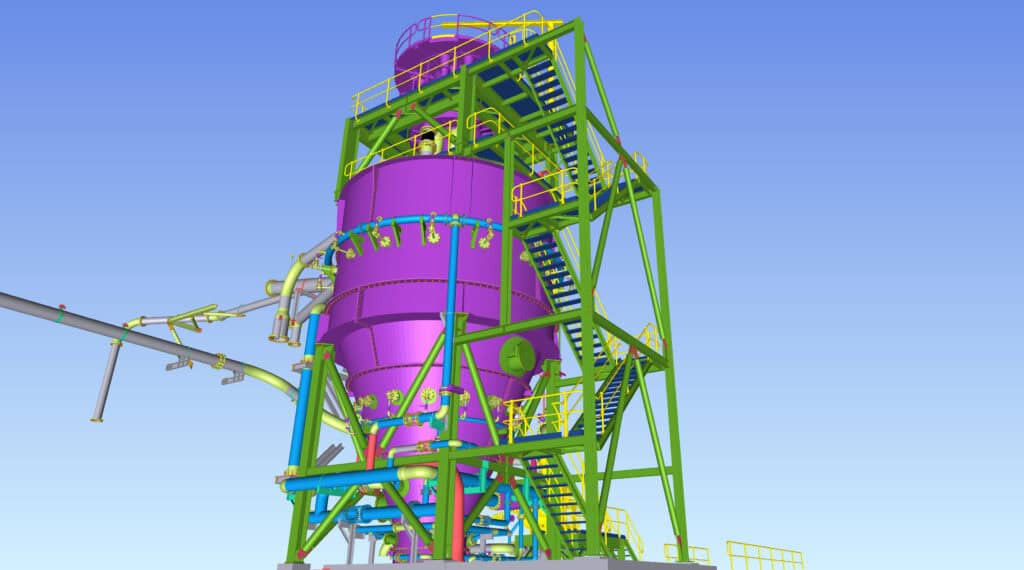 (Image source: Delonix Solutions) A digital twin of a constant density tank and piping structural model.
