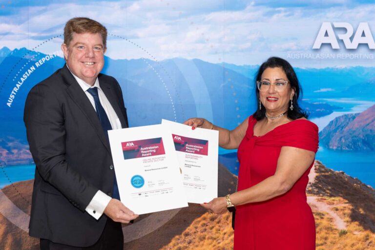 (Image source: Mineral Resources) Mineral Resources executive general manager corporate development James Bruce accepting the awards.