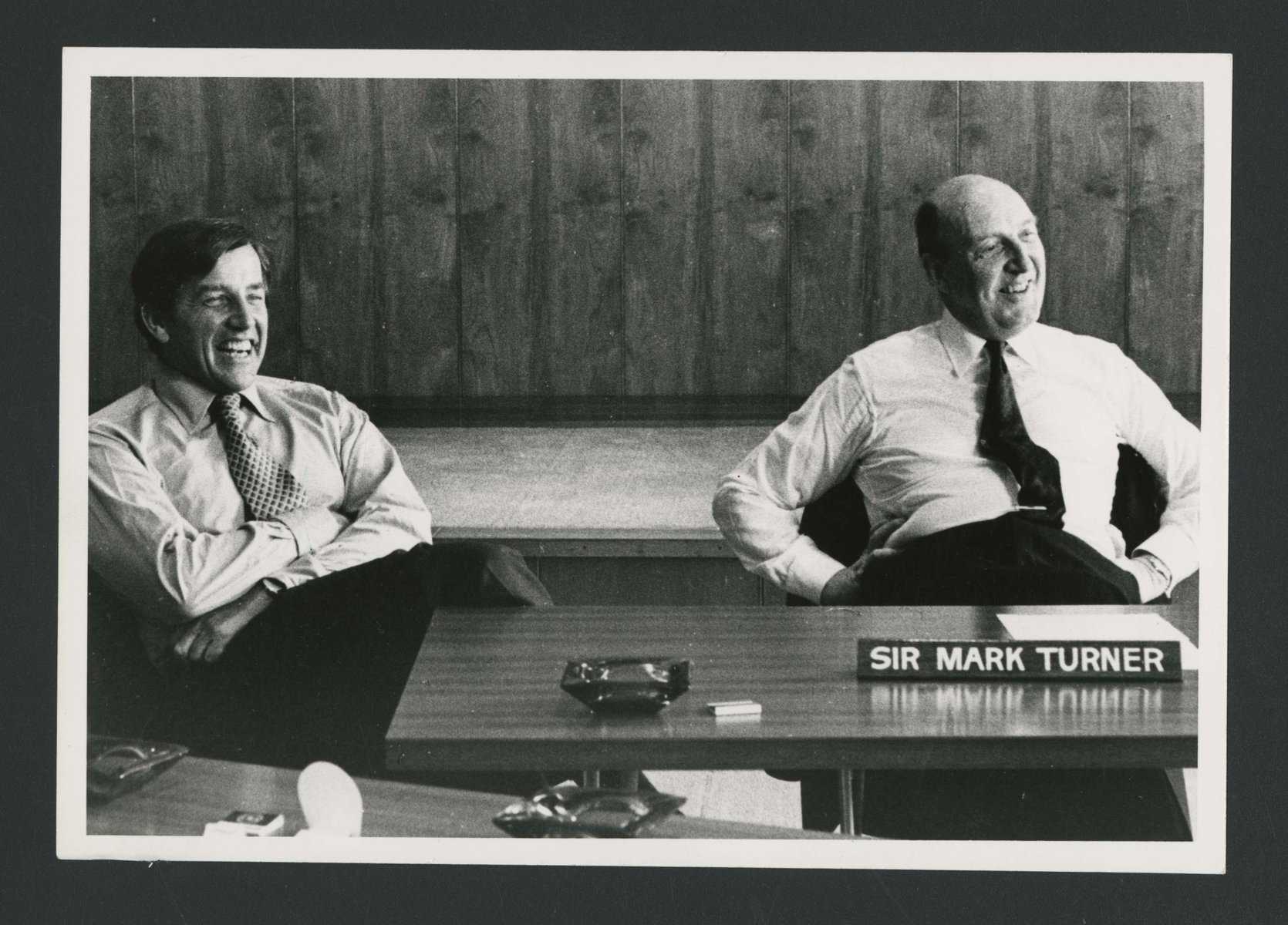 (Image source: Rio Tinto) CRA chairman and chief executive Roderick (Rod) Carnegie (later Sir Roderick) and RTZ chairman and chief executive Sir Mark Turner at a media conference in 1976.