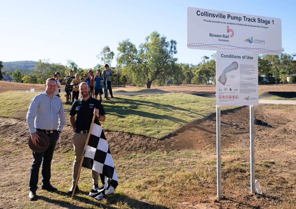 (Image source: Bravus Mining and Resources) (L-R) WRC Mayor Ry Collins and BRC general manage Brendan Lane at the official opening of the Collinsville pump track.