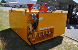 Fresh off the production line, a mud tank fitted with an Aussie GMP hydraulic drive pump.