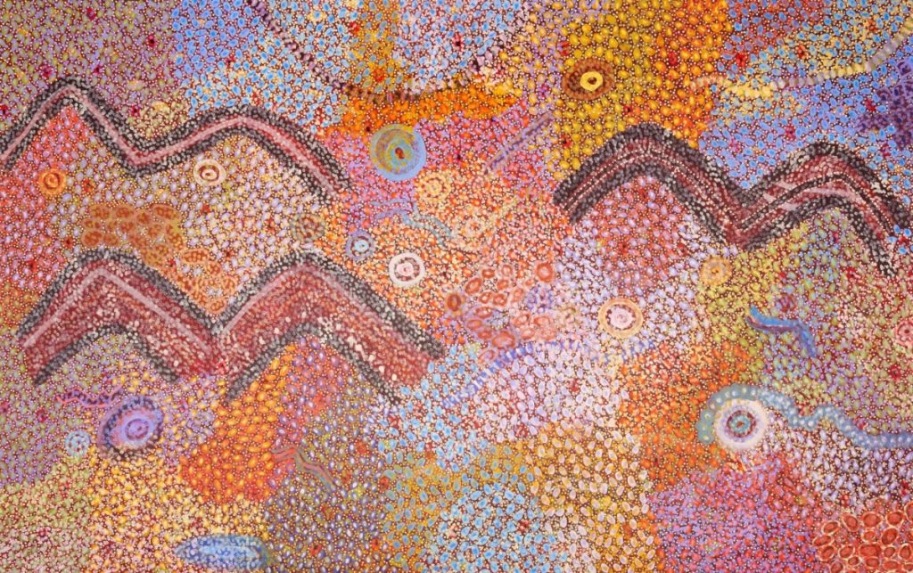 (Image source: Rio Tinto) The exhibition’s signature art piece ‘Our Country (The Pilbara)’ by Yinjaa-Barni Art Centre’s artist Justina Willis.