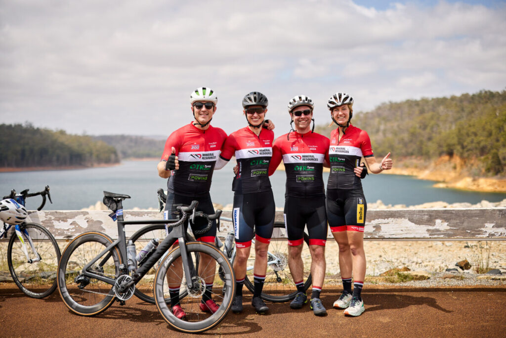 Caption 2: After an early Saturday morning departure from Perth Stadium, riders travelled 100km to Mandurah and arrived that afternoon for an evening of presentations, dinner and networking. The next morning, participants were back on their bikes and set off for the return journey to Perth.