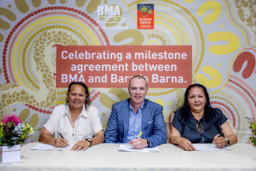 (Image source: BHP, picture by Luke Marsden) BHP says the agreement sets a new path forward in the relationship between BMA and the Barada Barna people, providing intergenerational benefit to the Traditional Owners of the land where BMA operates.
