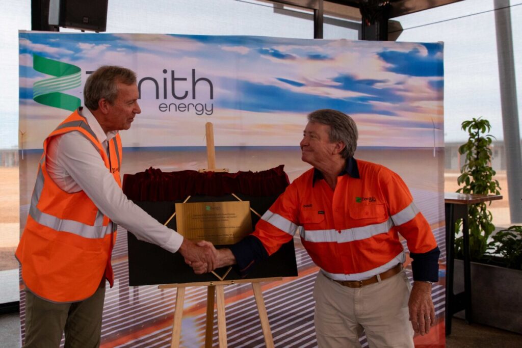 (Image source: Hard Hat Media) WA Energy Minister Reece Whitby and Zenith Energy chairman Doug Walker unveil the inaugural plaque.