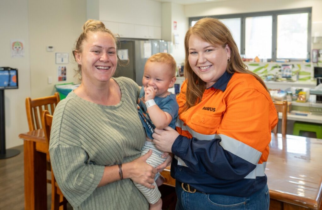 (Image source: Bravus Mining and Resources) Bravus Mining and Resources communications and community relations advisor Tanya Brown with Shannara and Lucah at the Ronald McDonald House Townsville Family Room.