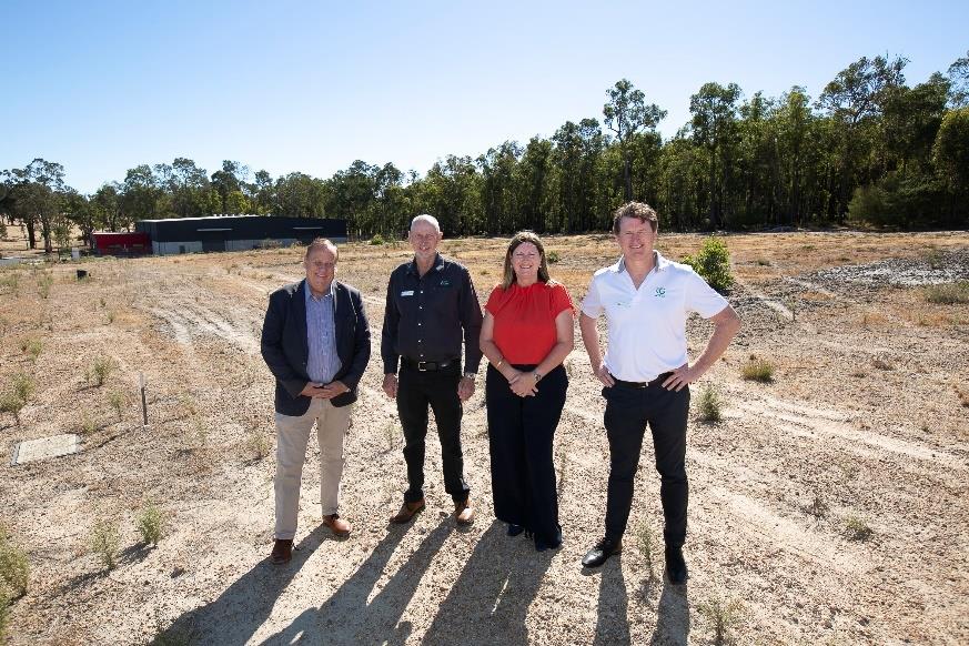 Pictured from L-R are WA Regional Development Minister Don Punch, International Graphite chairman Phil Hearse, Collie-Preston Member Jodie Hanns and International Graphite managing director Andrew Worland inspecting the proposed site for the new commercial micronising plant at Collie.