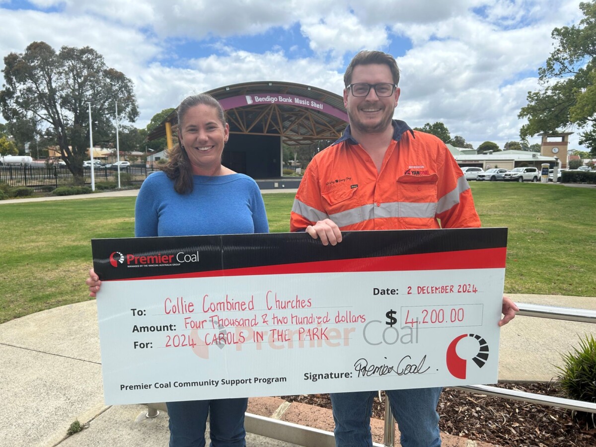 Premier Coal is proud to be the major sponsor of the Collie Carols in the Park event. (L-R) Collie Church of Christ events team member Tamara Vening and Premier Coal operations manager Braedon Gaske.
