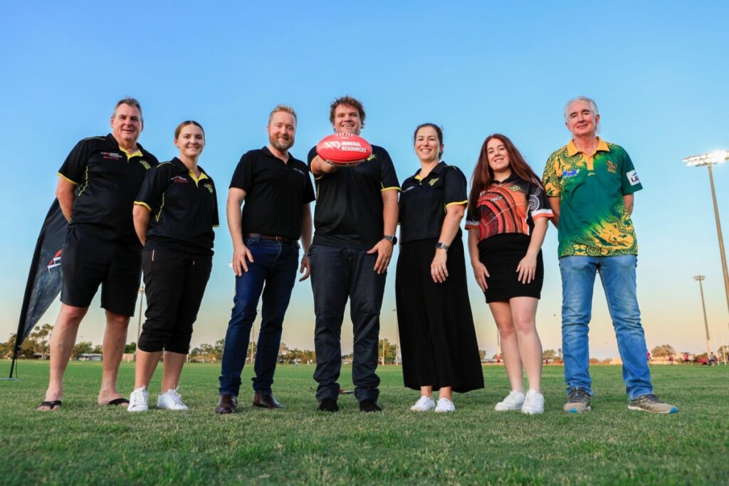 (Image source: MinRes) Pictured from L-R are NPFL vice president south Shane Harris, NPFL secretary Jordan Grigson, MinRes manager communities and stakeholder engagement Daniel Barker, NPFL president Michael Bunting, NPFL treasurer Stacey Mott, NPFL social media manager Jayde Creedon and Dampier Sharks president Russell Turner.