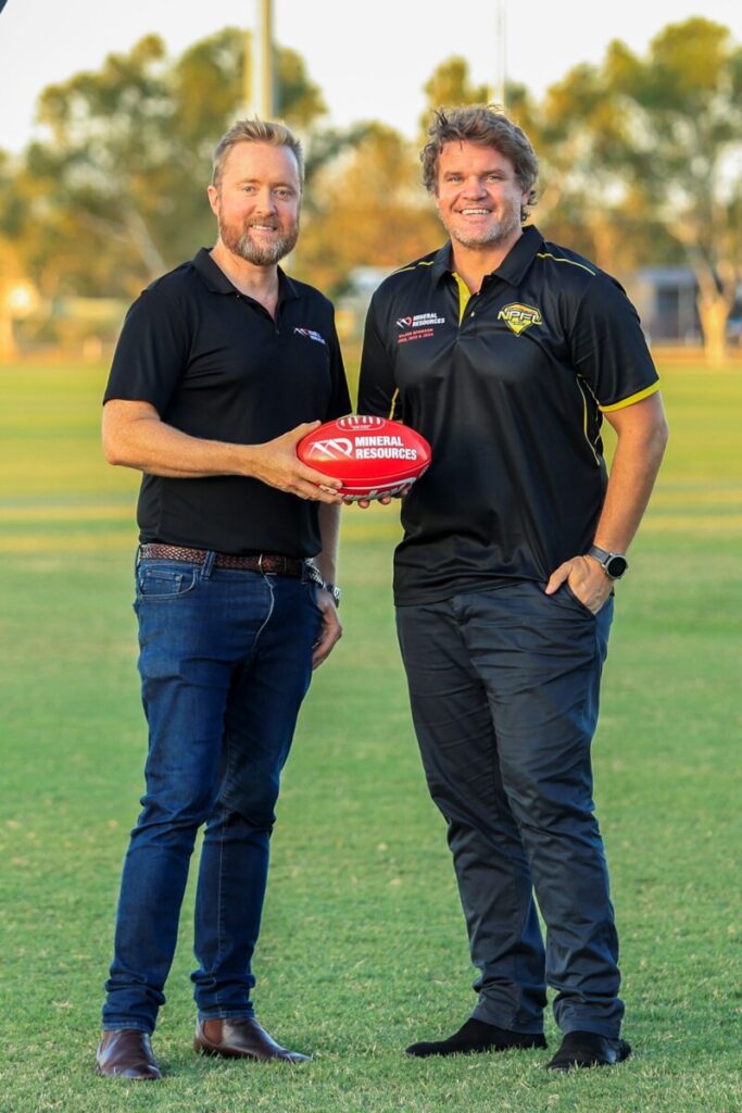 (Image source: MinRes) MinRes manager communities and stakeholder engagement Daniel Barker and NPFL president Michael Bunting.