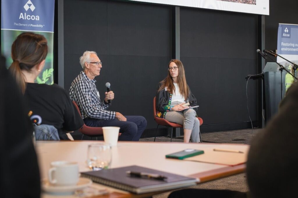 (Image source: Alcoa Australia) Former Alcoa senior research scientist Dr John Koch speaks to Alcoa research manager Dr Lucy Commander about the evolution of rehabilitation and research.