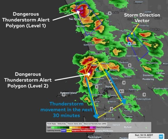 Severe thunderstorms impacted southwest WA and the Perth region on Sunday, December 14, 2025, triggering Dangerous Thunderstorm Alerts (DTA) by DTN for industries and businesses across the region.