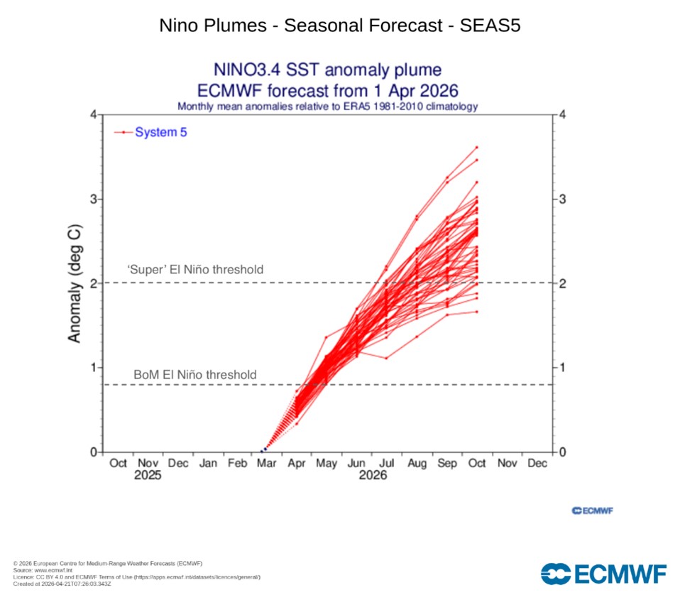 Image: El Niño forecast plume from the ECMWF SEAS5 model. Each red line represents one of 51 ensemble members using slightly different initial ocean conditions to account for a range of possible scenarios. All ensemble members predict El Niño conditions from May, with most suggesting a very strong, or 'super' El Niño later in the year. Source: ECMWF (annotated by Weatherzone).